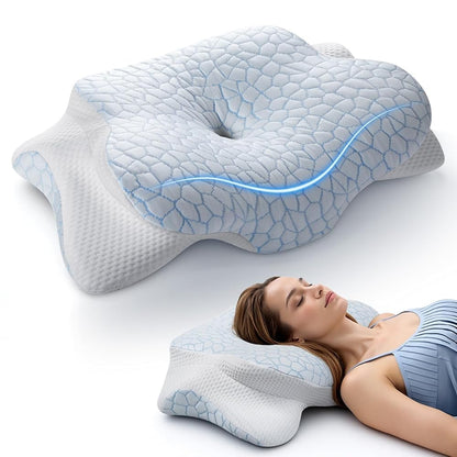 Cervical Neck Pillow for Neck and Shoulder, Odorless Memory Foam Pillow with Soft Silk Cover, Ergonomic Orthopedic Neck Support Pillow for Side, Back & Stomach Sleepers - White