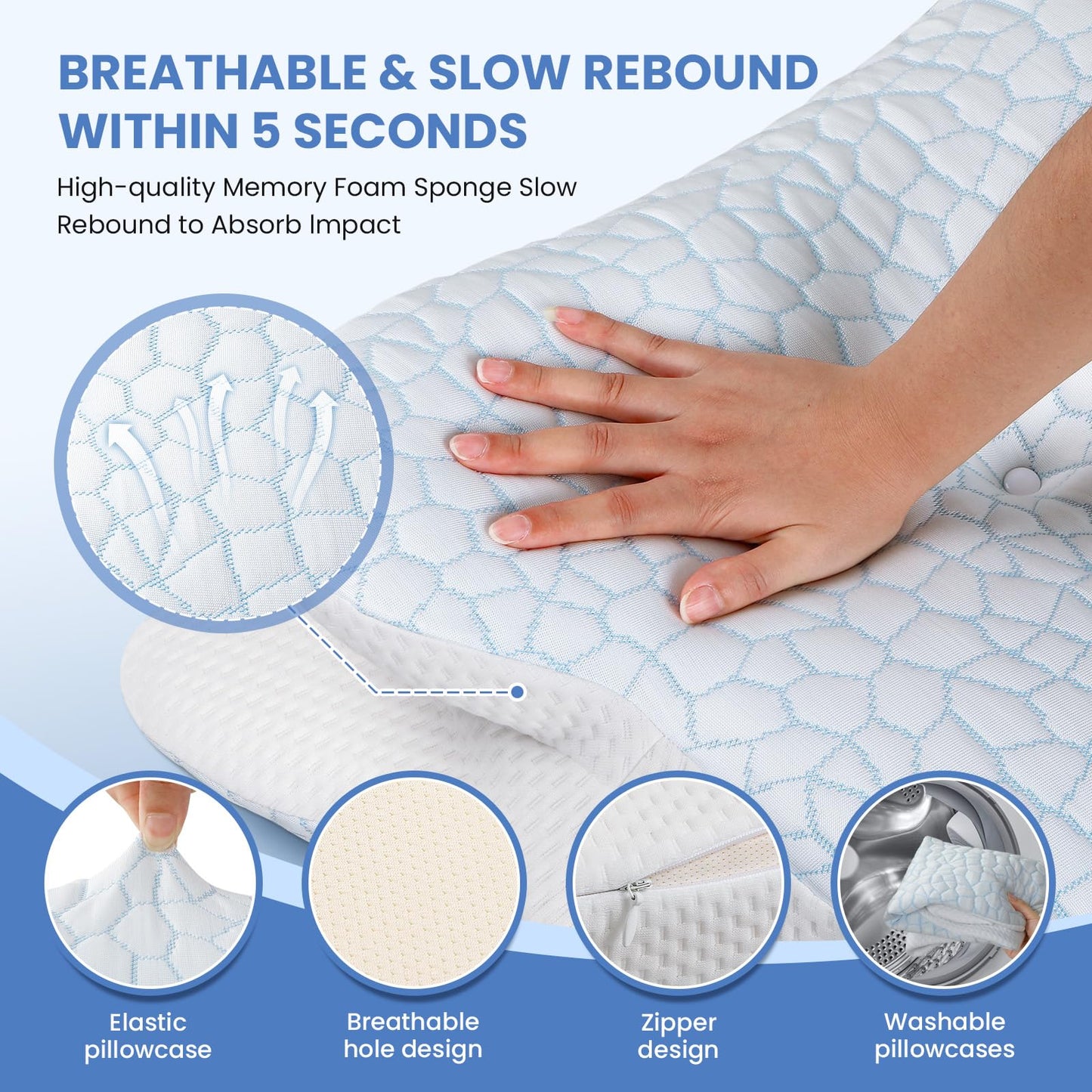 Cervical Neck Pillow for Neck and Shoulder, Odorless Memory Foam Pillow with Soft Silk Cover, Ergonomic Orthopedic Neck Support Pillow for Side, Back & Stomach Sleepers - White